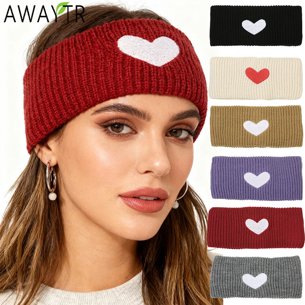 

AWAYTR вязаные шерстяные теплые повязки на голову с сердечками, модная хлопковая повязка на голову с широкими краями, хлопковые аксессуары для волос для женщин, тенденции