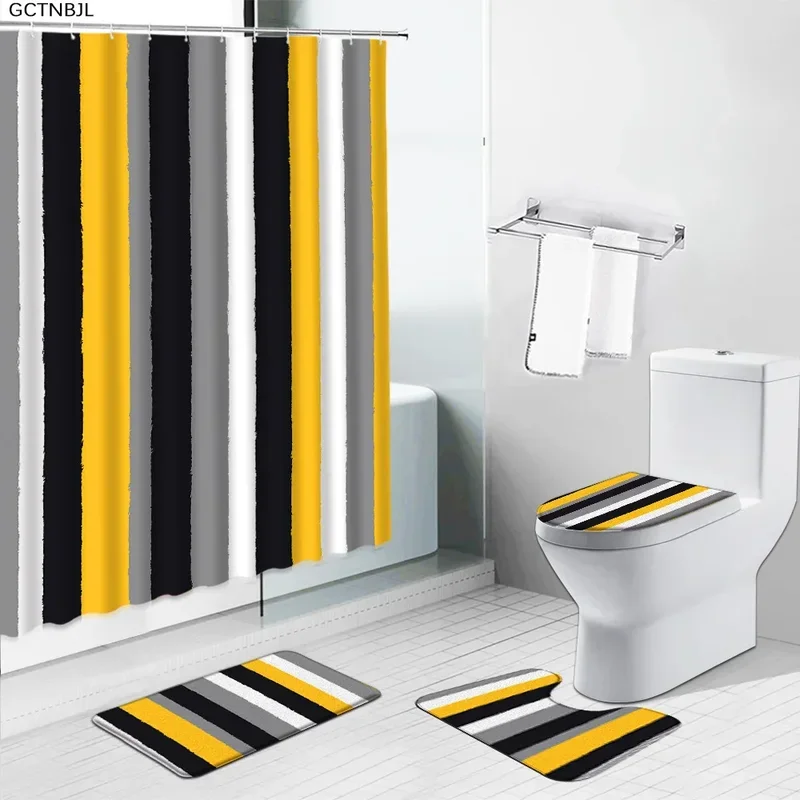 Geometric shower curtain 4PCs sets Grey Black yellow striped fabric bathroom curtain bath mat anti slip foot Mat toilet cover