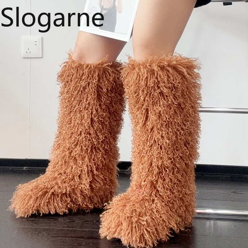 Luxury Winter Faux Fur Knee High Boots Women Wool High Tube Fur Snow Boots Fluffy Faux Mongolian Fur Platform Shoes Girls Boots - view 6