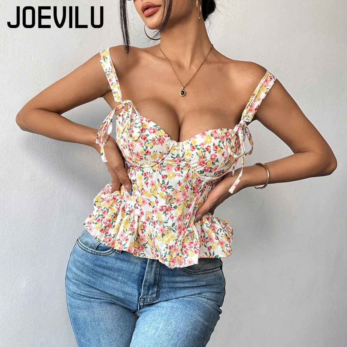 Women's Floral Print Corset Top Summer Adjustable Lace Up Boning Bustier Ruffled Camisole Waist Cincher Y2K Cute Sexy Tank Tops