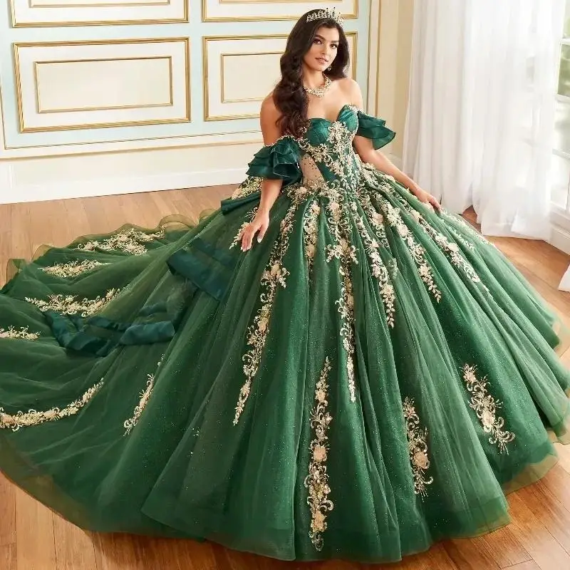 

Customized Blackish Green Shiny Quinceanera Dresses Ball Gown Off The Shoulde Gold Applique Lace Beading Tull Party Birthday