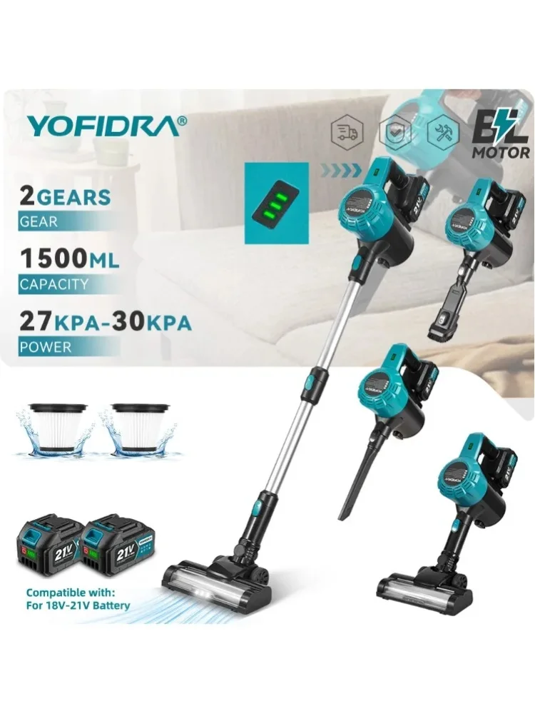 YOFIDRA 1500ML Bürstenloser Elektrischer Staubsauger 27-30KPA Wiederaufladbarer Staubfänger Reinigungswerkzeug für Makita 21V Akku