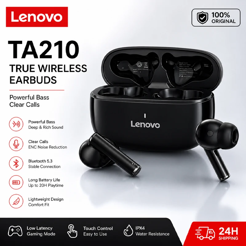 Image of Lenovo TA210 Bluetooth-Kopfhörer, kabellos, integriertes Mikrofon, Ladeanschluss, geräuschisolierend, komfortables Over-Ear-Headset, C, neu
