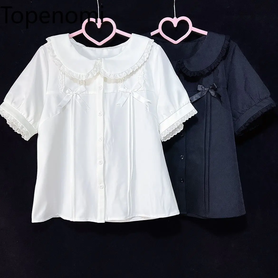 

Topenomi Japanese Lolita Bow Shirts Women Peter Pan Collar Spliced Lace Short Sleeve Blouse Sweet Cute Y2k Aesthetic Crop Top