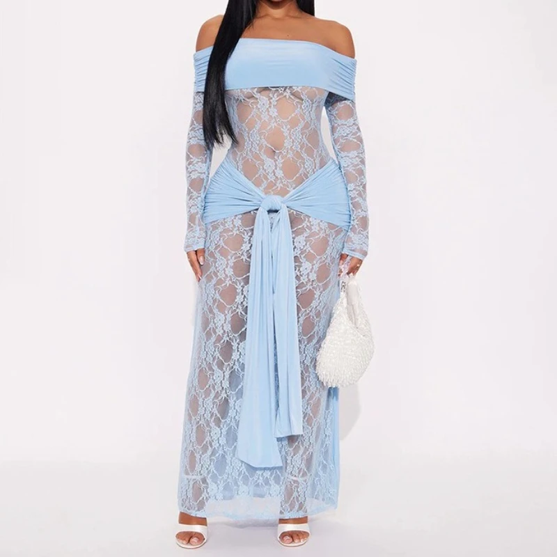 

Sexy One Shoulder Long Sleeve Lace Splice See Through Belted Dress Women's Fashion Party Autumn New Style Elegant Maxi Dresses