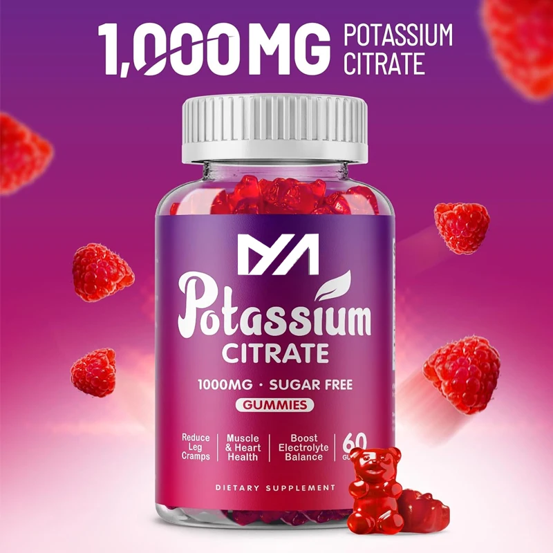 Potassium citrate 1000mg gummies, potassium supplement for adults and men, supporting leg spasms and muscle health, 60 pills