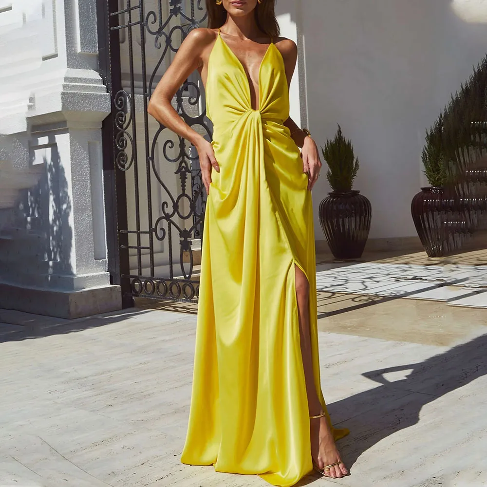 

Long Satin Party Dress With Neckline 2024 New Textured Solid Color Elegance Designer Style Dresses Deep V Sexy Sling Split Skirt