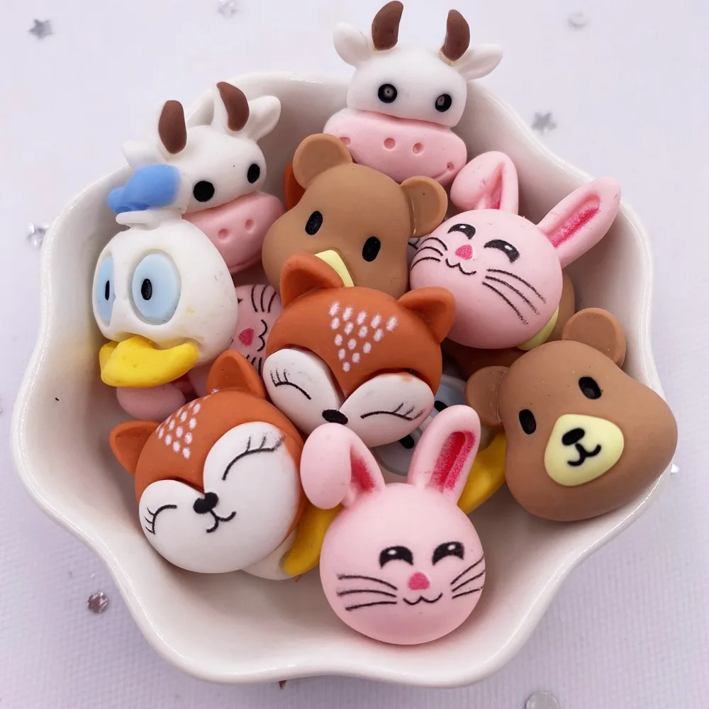 10Pcs Resin Colorful Kawaii Fox Bear Cow Duck Rabbit Flatback Cabochon Stone Figurine  Home Decor Accessorie DIY Scrapbook Craft