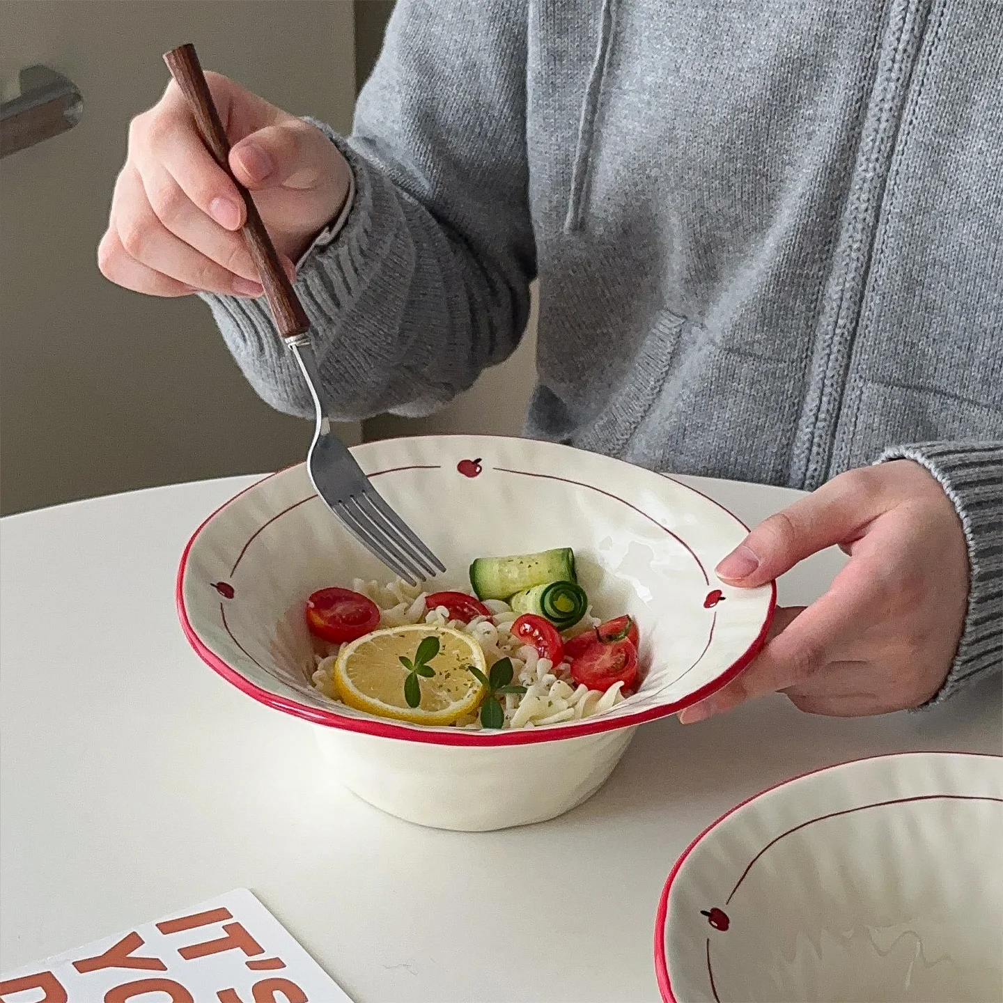 Ins Printed Puppy Bowl Fashion Color Blocking Versatile Red Edged Round Bowls Simple Fruit Salad Ceramic Tablewares