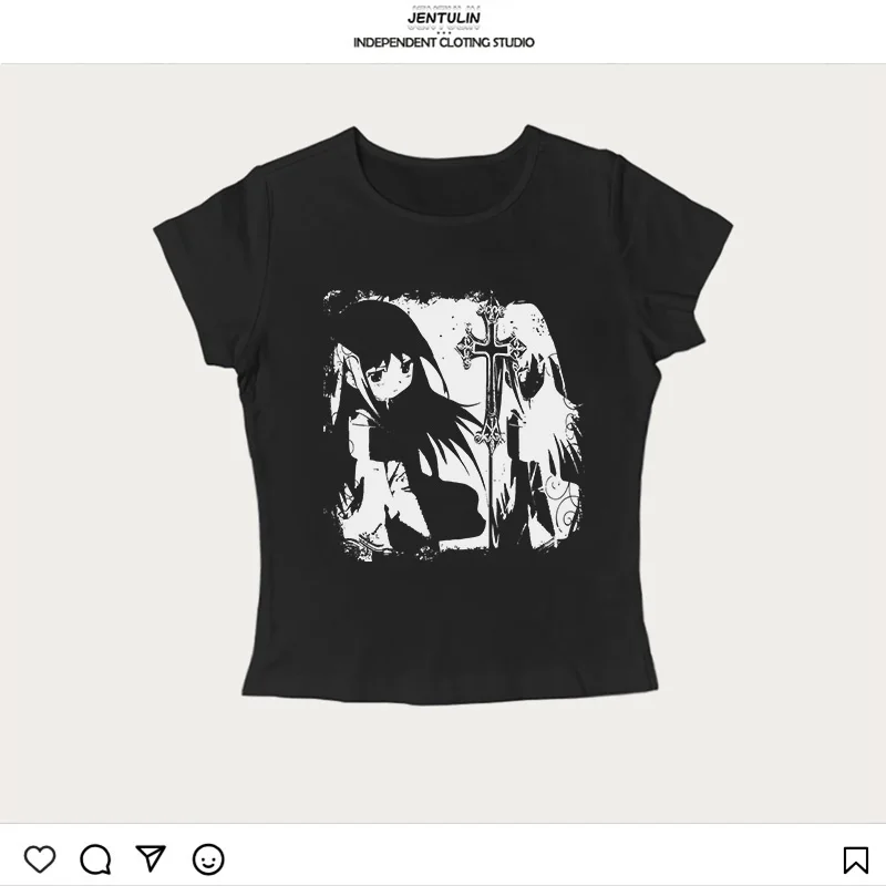 Ästhetische Gothic Punk Anime Grafik Druck Baby T-Shirts Sommer Harajuku ärmellose schlanke Camis Emo Mädchen Crop Tops 2000er Jahre Y2k Kleidung