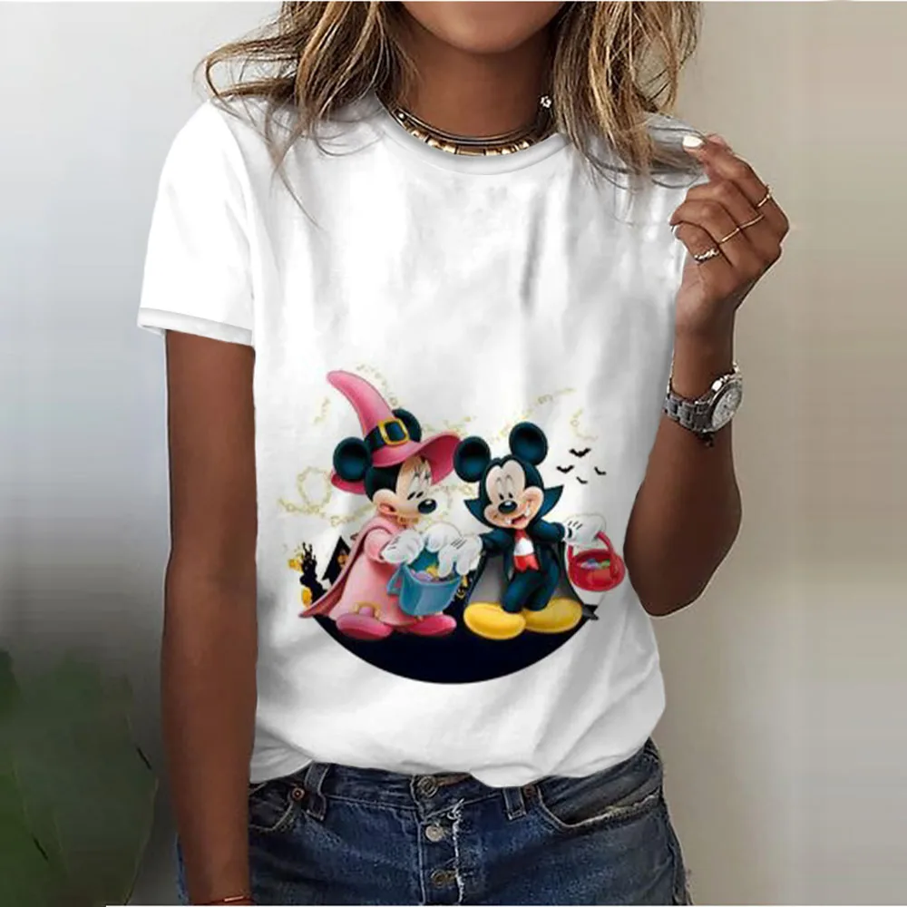 Kadın Disney cadılar bayramı Mickey Minnie üst gevşek yaz sokak yuvarlak boyun T-shirt Harajuku Y2k kadın parti elbise eğilim moda