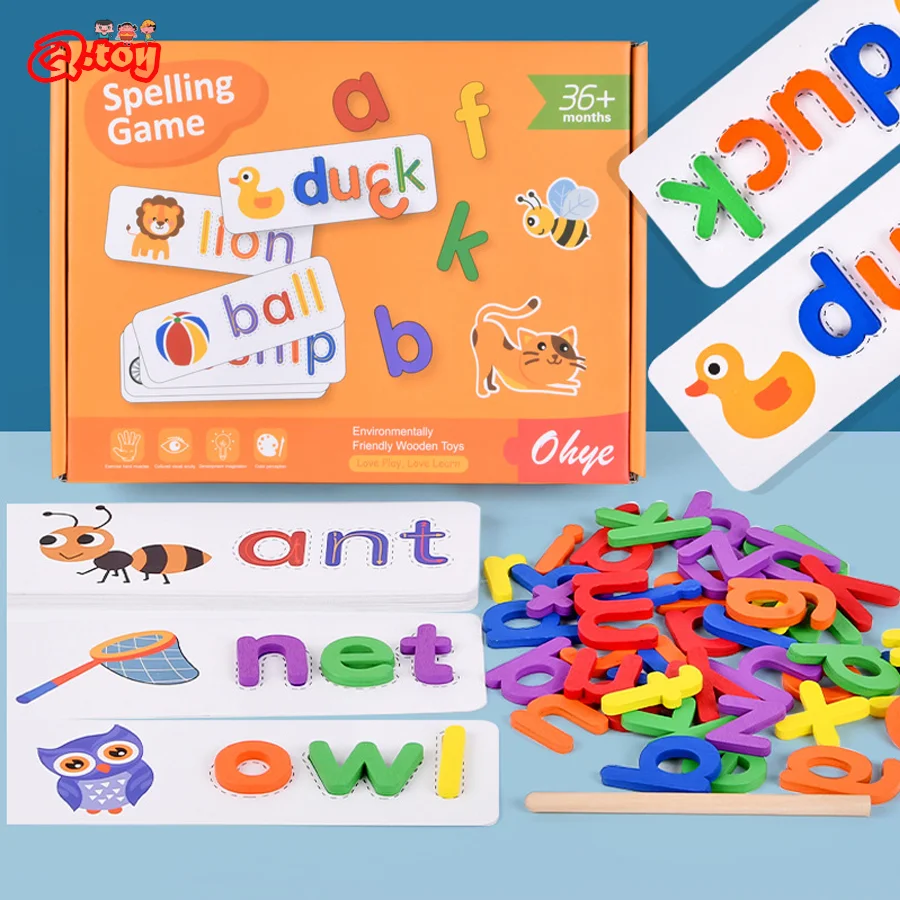 

52pcs English Alphabet Spelling Word Wooden Educational Toys Montessori Games with 28pcs Learning Cards for Kids Baby Puzzles