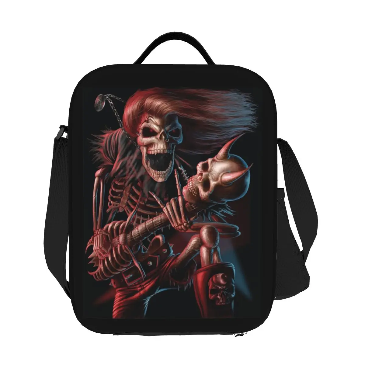 Fiambrera portátil personalizada con esqueleto de roca Megadeths para tocar guitarra para mujer, refrigerador térmico multifunción, bolsa de almuerzo con aislamiento para alimentos