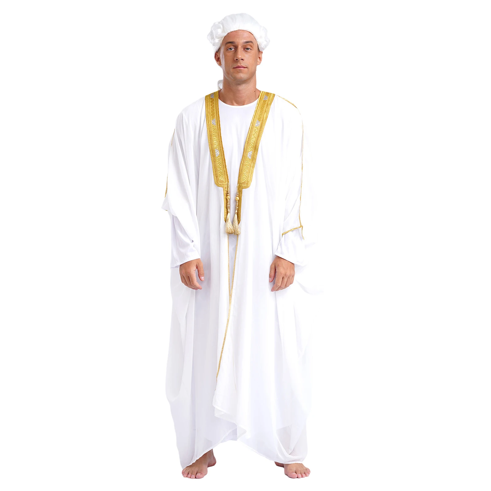 Mens Muslim Arabic Dubai Church Father Robe Gold Embroidery Tassel Long Sleeve Kimono Robe Kaftan Cover-up Abaya Cosplay Costume