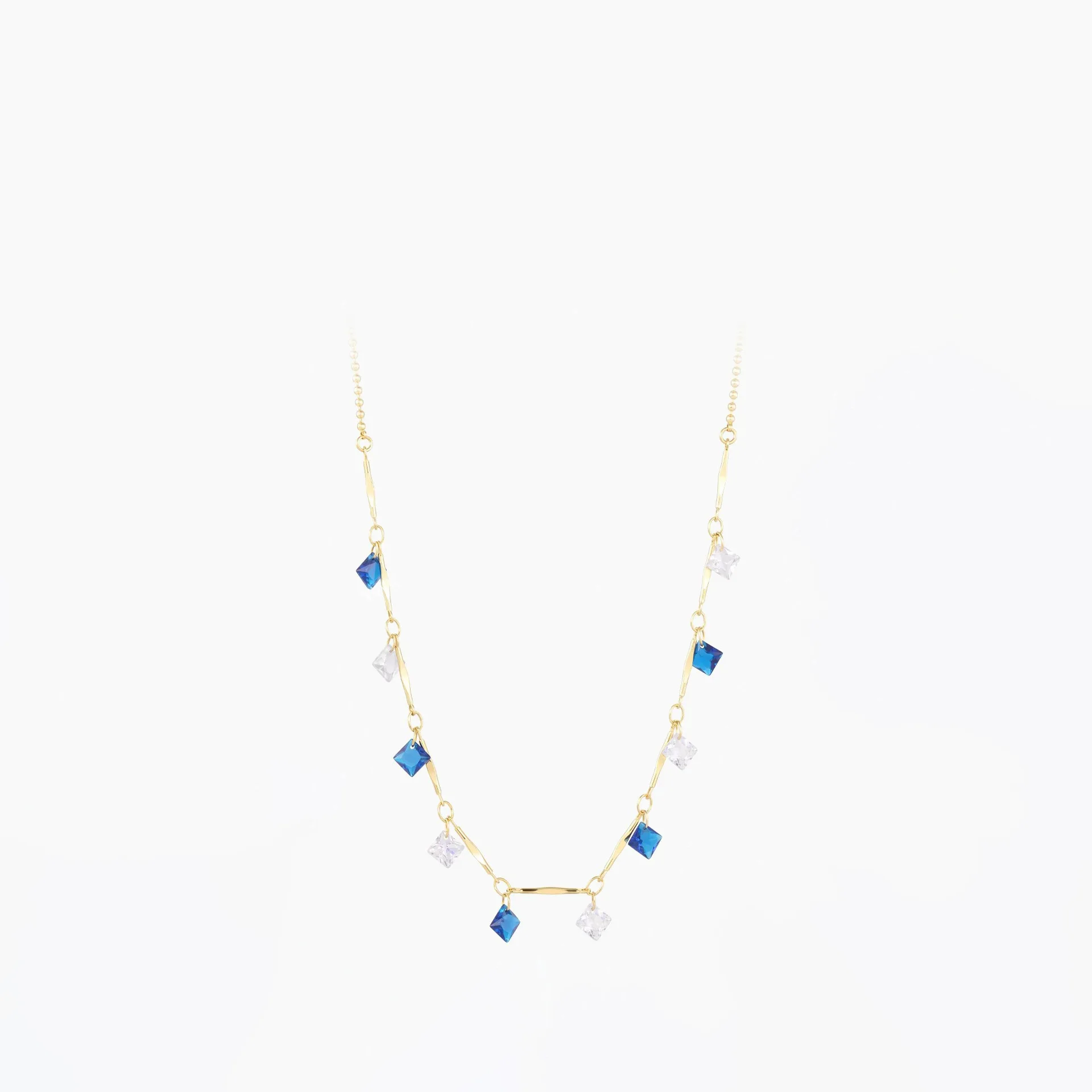 S925 Sterling Silver Necklace Square Tassel Blue Diamond Versatile Sugar Cube Stacked Tassel Collarbone Chain for Women
