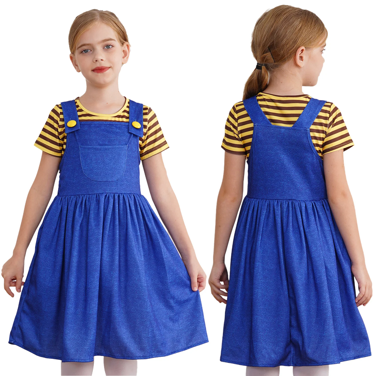 Girls Cartoon Character Cosplay Costume 2Pcs Stripes T-shirt and Suspender Dress Set Cute Halloween Dress Up Funny Party Clothes