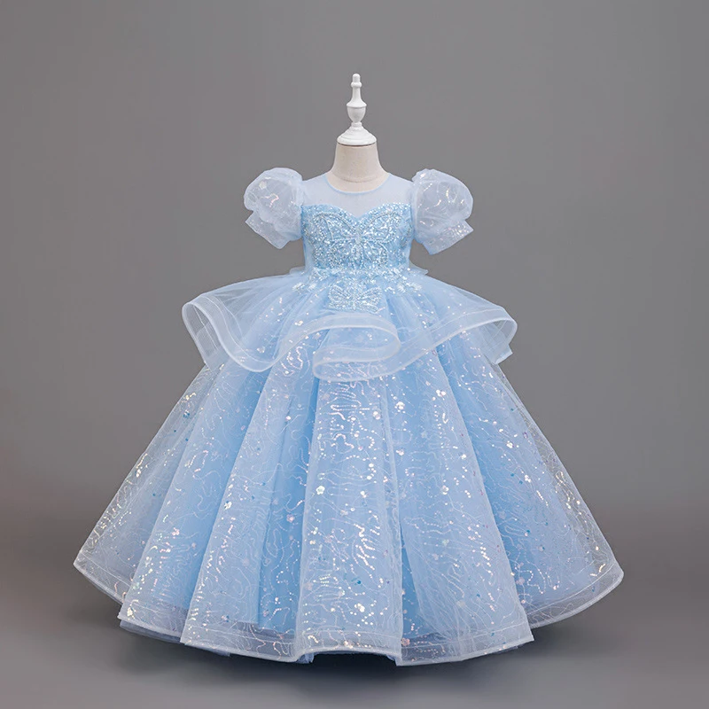 New High-End Luxury Flower Girl Wedding Show Performance Dress for Girls, Puff Sleeve Sequin Princess Dress 6