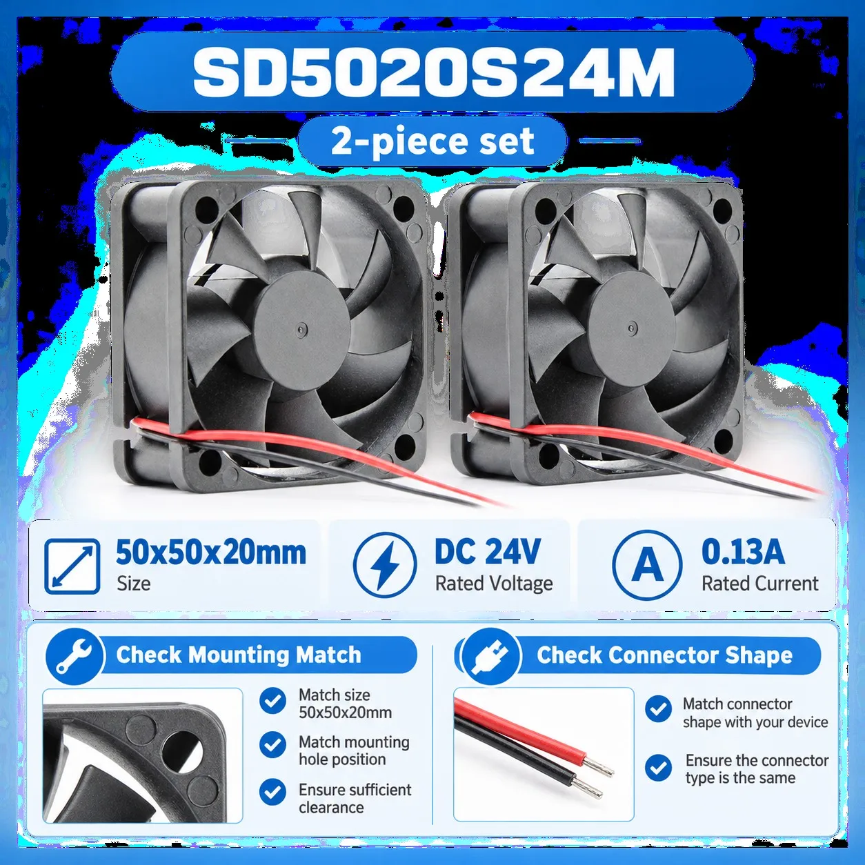 SD5020S24M Server Cooling Fan 50x50x20mm 5020 24V 0.13A 2-Pack
