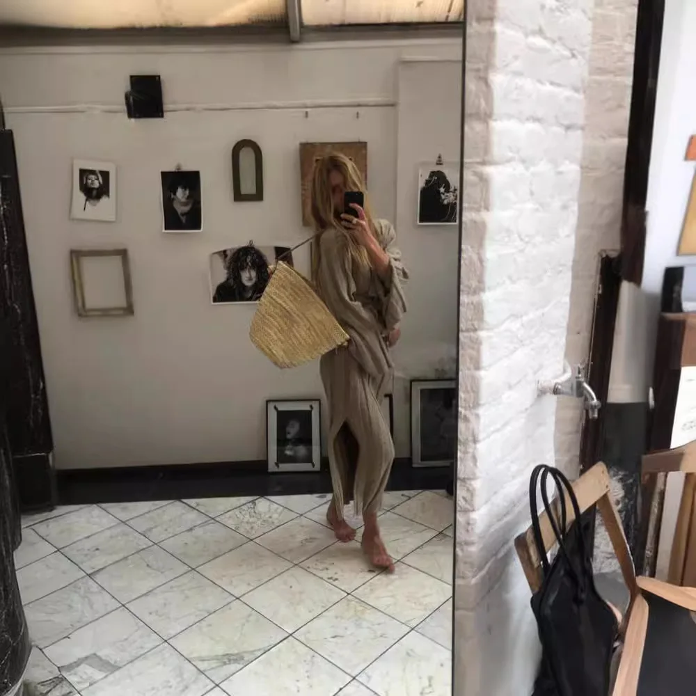 2025 Women New Long-sleeved V-neck Loose Long Solid Color Dress For Women's Fashionable Knitted Office Commuting Versatile Dress