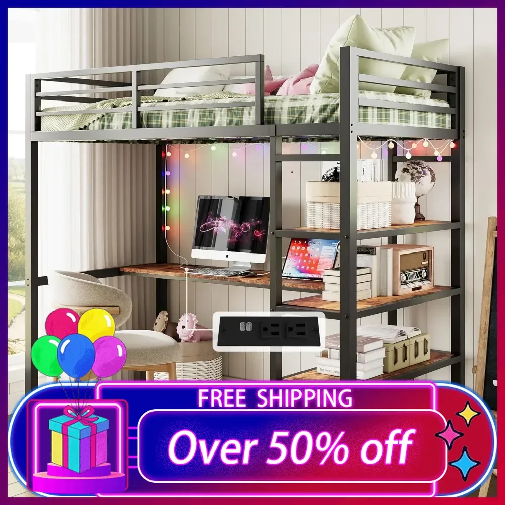 

Loft Bed Twin Size with L Shaped Desk and Shelves,Heavy Duty Metal Loft Bed Frame with Power Outlet and LED Lighted,Space-Saving