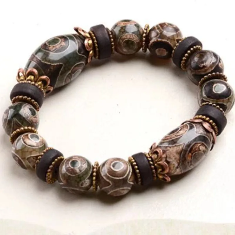 Nine-eye dzi bead bracelet, men's and women's chalcedony bracelet, ethnic style retro genuine three-eye cultural play