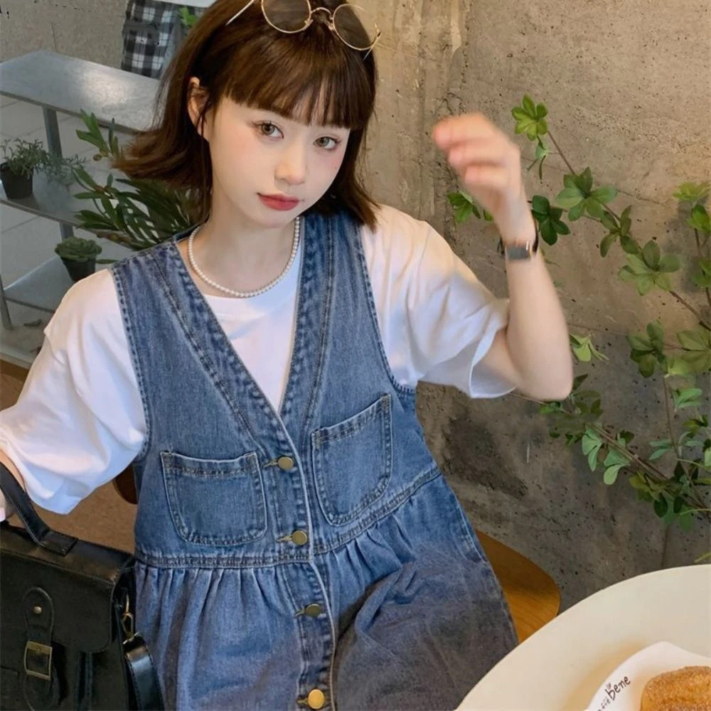 Sweet High Waisted Cowboy Strap Dress Pleated V-neck Denim Camisole Dress Single Breasted Retro Sleeveless Short Dress Summer