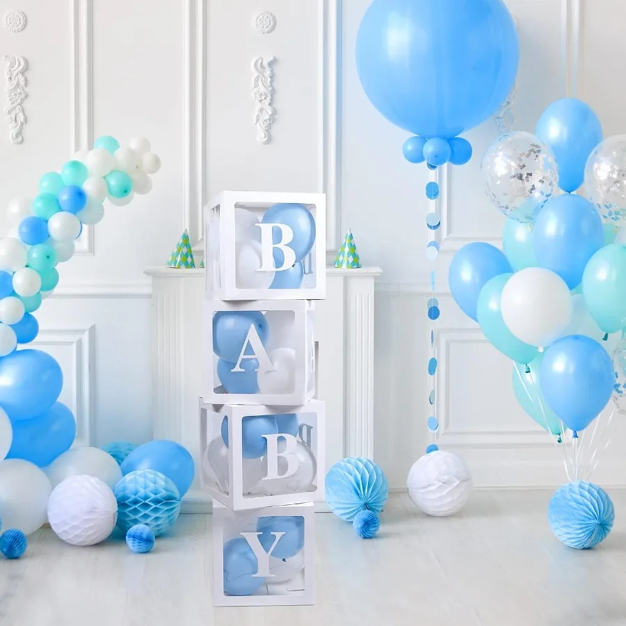 Cajas de bebé con 42 Uds. De letras para Baby Shower, cajas de globos transparentes, bloques de cajas de globos transparentes para niño y niña, fiesta de revelación de género