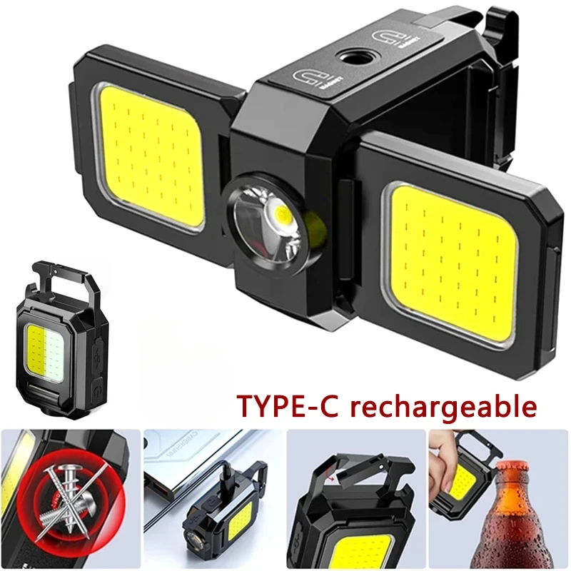 Mini Flashlight Keychain Light COB Work Light USB Rechargeable Lamp with 90° Foldable Side Lights Super Bright Portable Lanterns