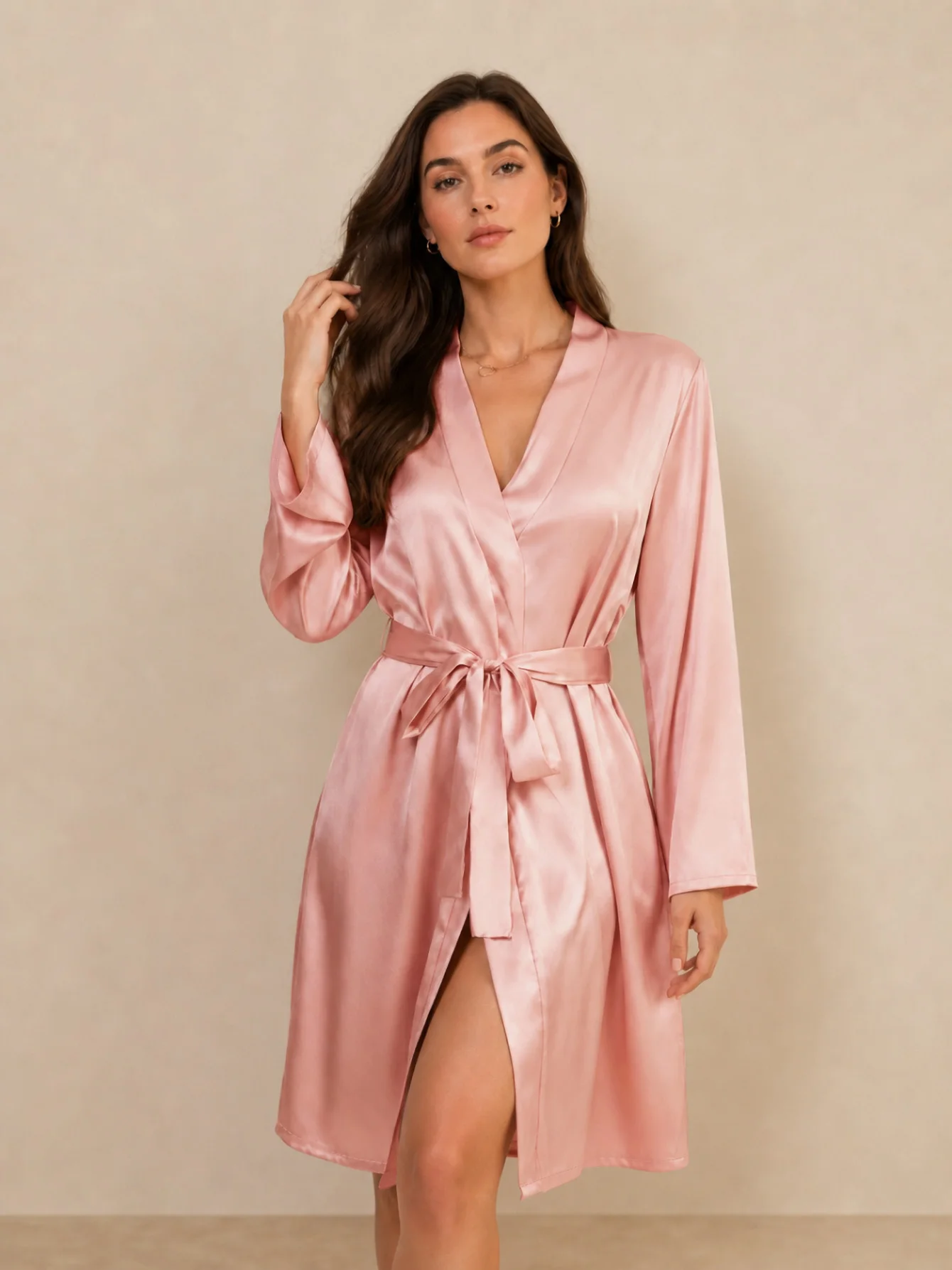 Women's Elegant Silky Satin Kimono Robe Dusty Pink Deep V Long Cuff Sleeves Self Tie Belt Relaxed Mid Length Luxurious Ladies Ni