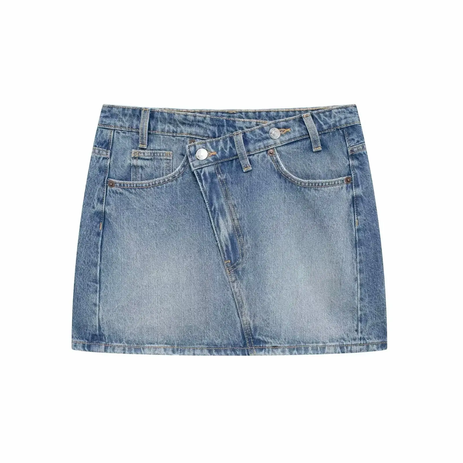 Women's 2024 New Fashion Casual Joker Pocket Decorative Denim Mini Skirt Retro High Waist Zipper Skirt Mujer