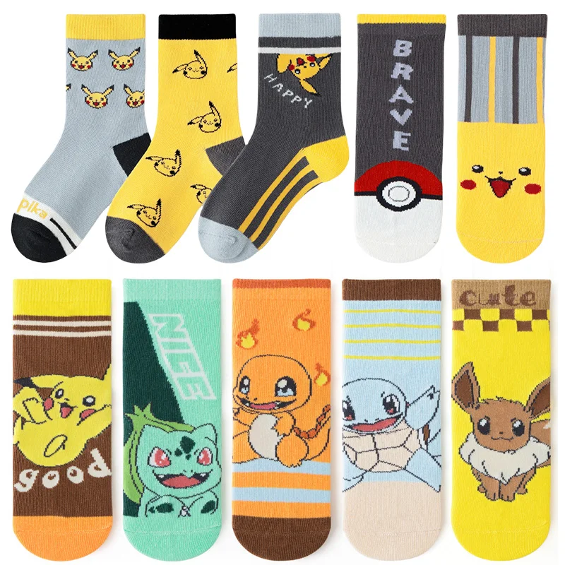 

5Pairs Pikachu Knit Warm Childrens Socks for Girls Boys Cute Cartoon Medium Stockings Anime Kids Cotton Tube Socks Autumn Winter