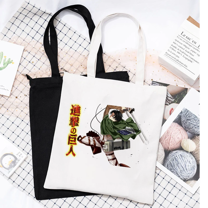 Ataque no titã japonês anime impressão sacola de compras reutilizável moda feminina tote shopper algodão bolsa de lona alta capacidade shoping