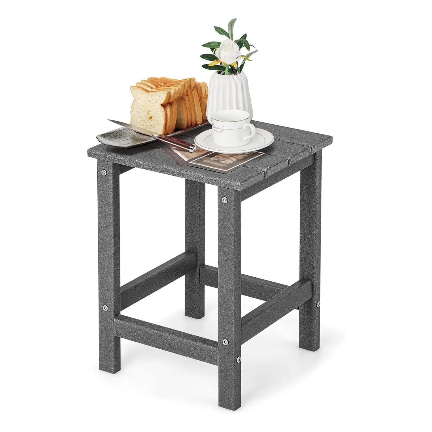 Mesa auxiliar, mesa de jardín pequeña de plástico resistente a los rayos UV, mesa de balcón, resistente a la intemperie, para patio, balcón, jardín, gris