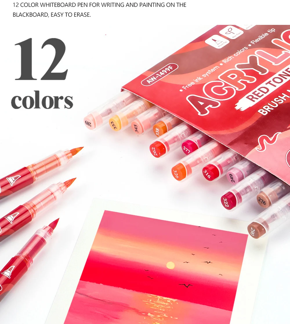 12 Colors Acrylic Markers Red Series Soft Pen Tip for Christmas Painting Comic Drawing Coloring DIY CD Shoes Stone Art Supplies