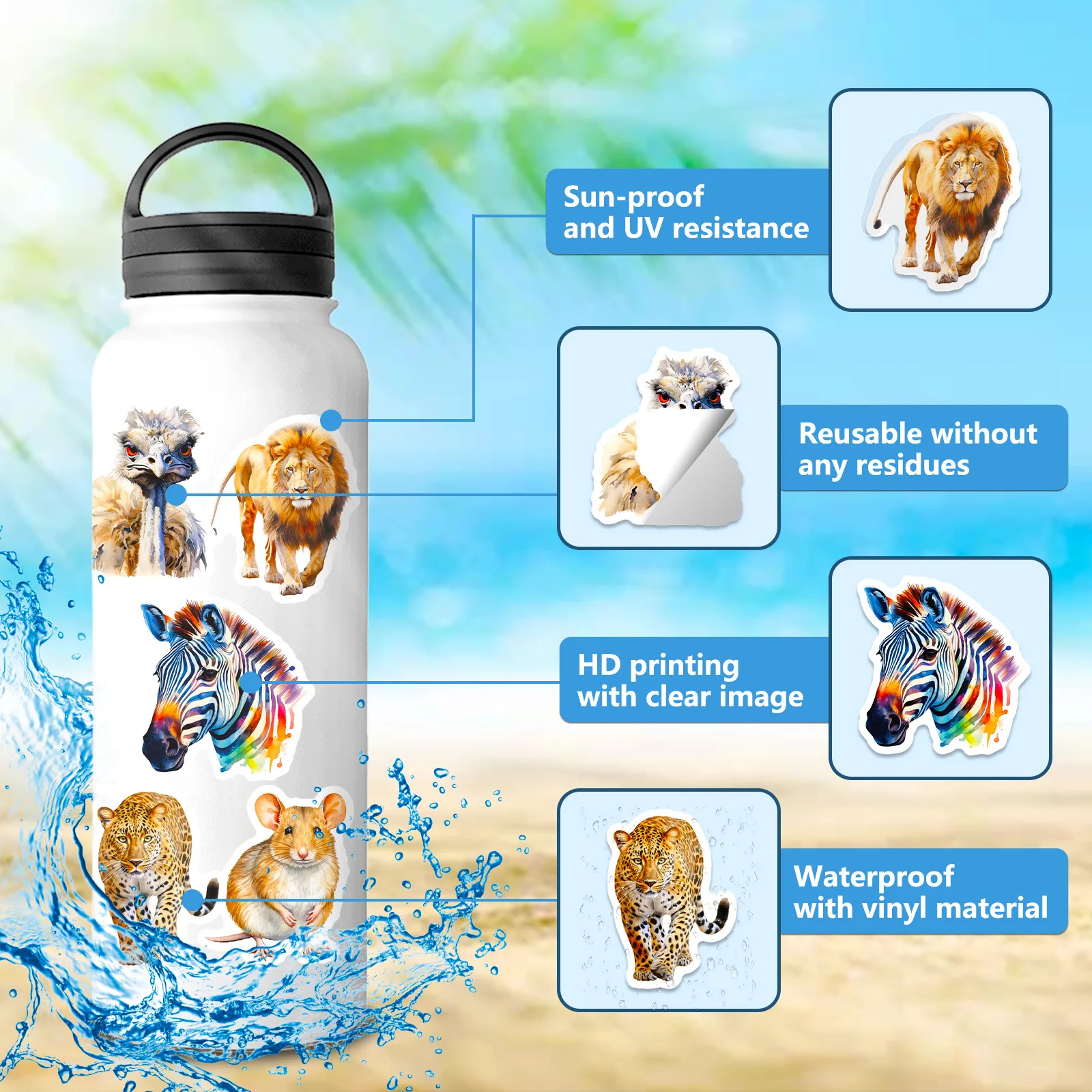 50PCS African Animals Stickers, Vinyl Waterproof African Animals Stickers for phone Water Bottle Computer Laptop Stickers