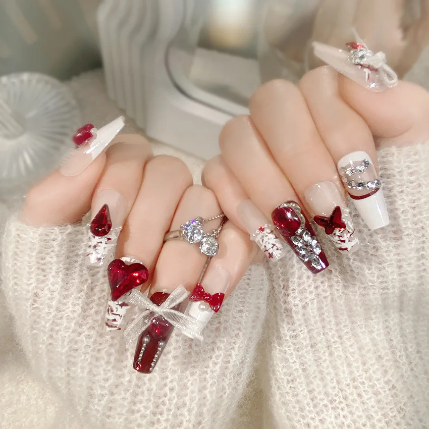 24 pçs ano novo imprensa em unhas heavy metal vermelho amor cristal design unhas falsas noiva wearable longo ballet francês dicas de unhas falsas