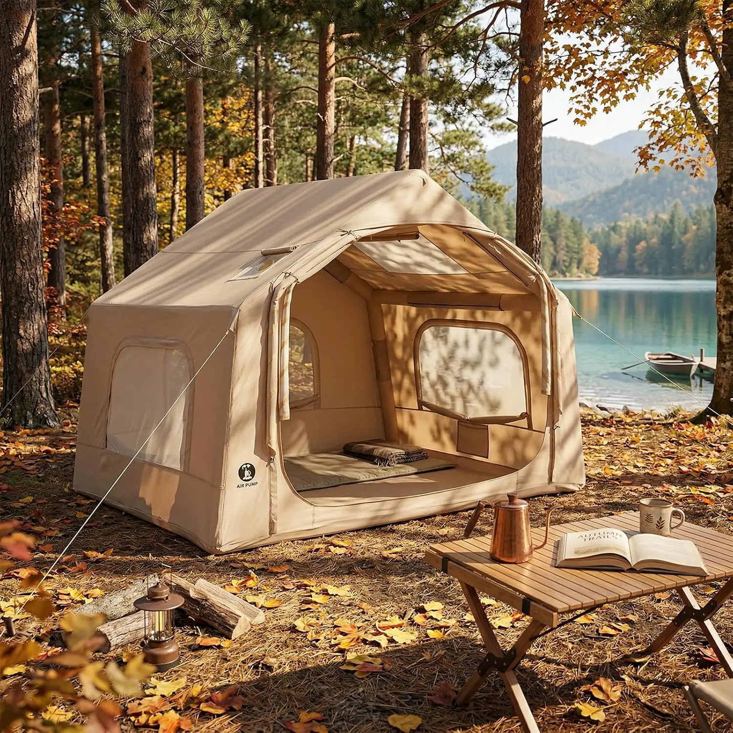 4 to 6 Person Inflatable Camping Tent 4 Season Large Family Air Tent with Roof Window Awning Stove Jack Hand Pump 10 x 8 Ft Floor 7 Ft Peak Height Waterproof Oxford Fabric Dual Doors Mesh Windows for Fall Winter Hiking Camping