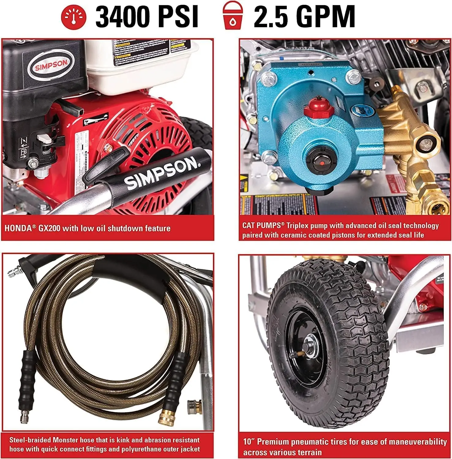 Limpieza ALH3228-S Lavadora a presión de gas de aluminio serie 3400 PSI, motor 2,5 GX200, bomba CAT Triplex