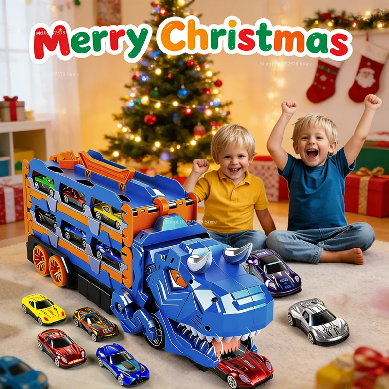 شاحنة نقل الديناصورات مع 12 سيارة سباق مصبوبة لعبة سيارة ديناصور متحولة للأولاد والبنات من سن 3 إلى 5 سنوات هدية للأطفال للعب في الهواء الطلق