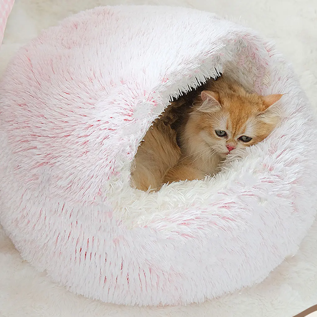 Letto invernale caldo per animali domestici Materasso per gatti Letto morbido in peluche con copertura Rotondo per cani Nido per dormire Grotta Strumento caldo invernale per cani di piccola taglia Gattino