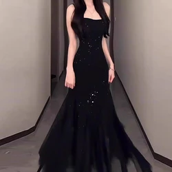 2025 Performance Suspenders Mesh Prom Dress New Black Sequined Long Dress Spring Summer Women Princess Banquet Party Dress Mujer