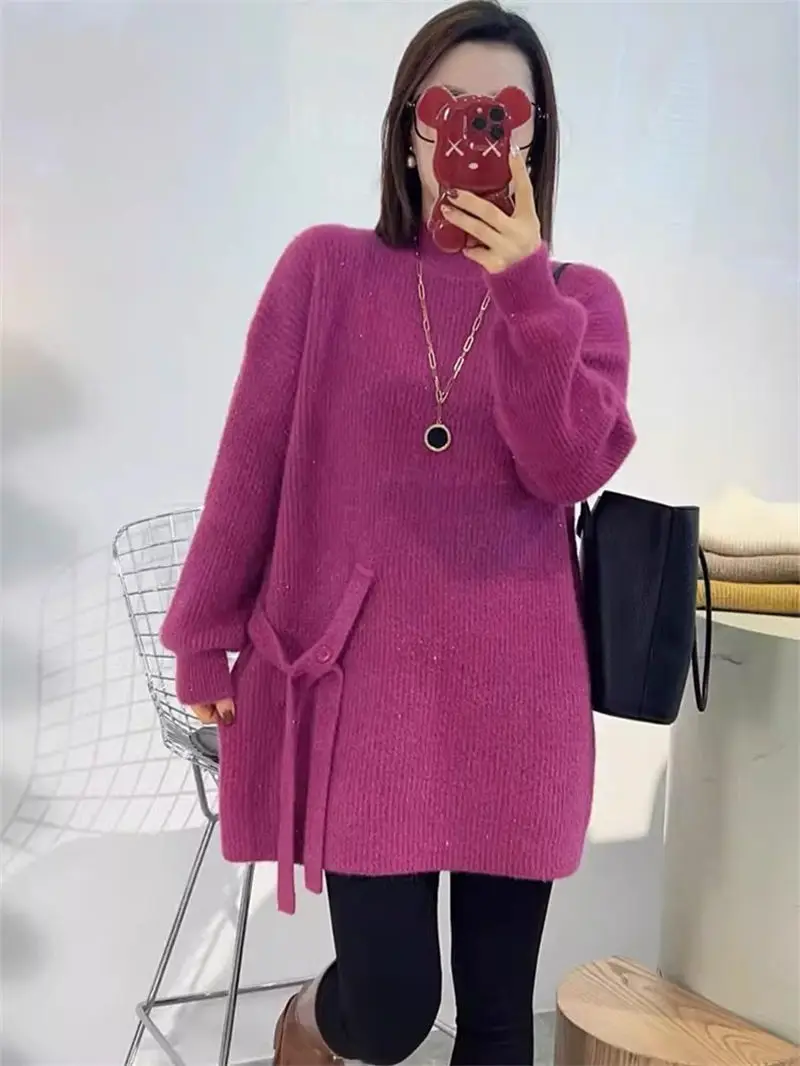 Design Half High Neck Shiny Mid Length Sweater Women's 2025 Spring Autumn And Winter Loose Lazy Style Knit Sweater Top A796