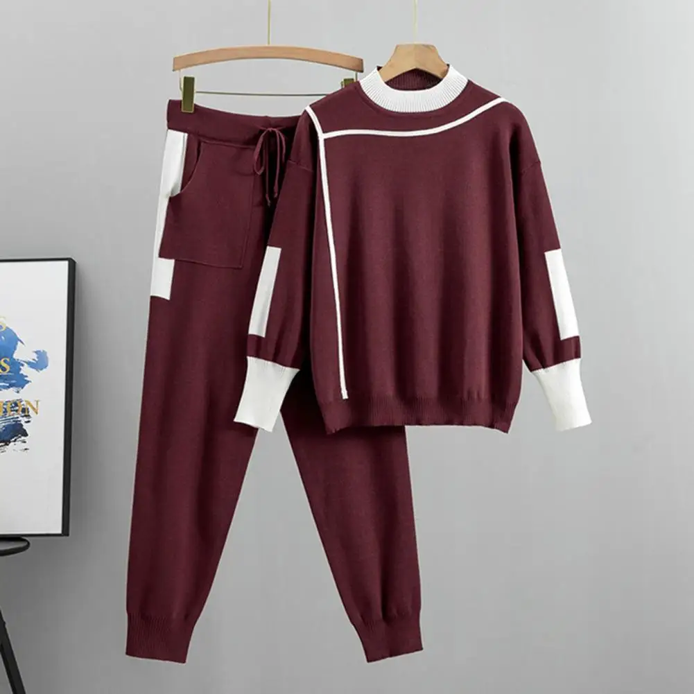 1 Set Spring Autumn 2 Piece Women Pullover Pants Tracksuits Fashion Knitted Pocket Pant Set Ladies Sweater Suit