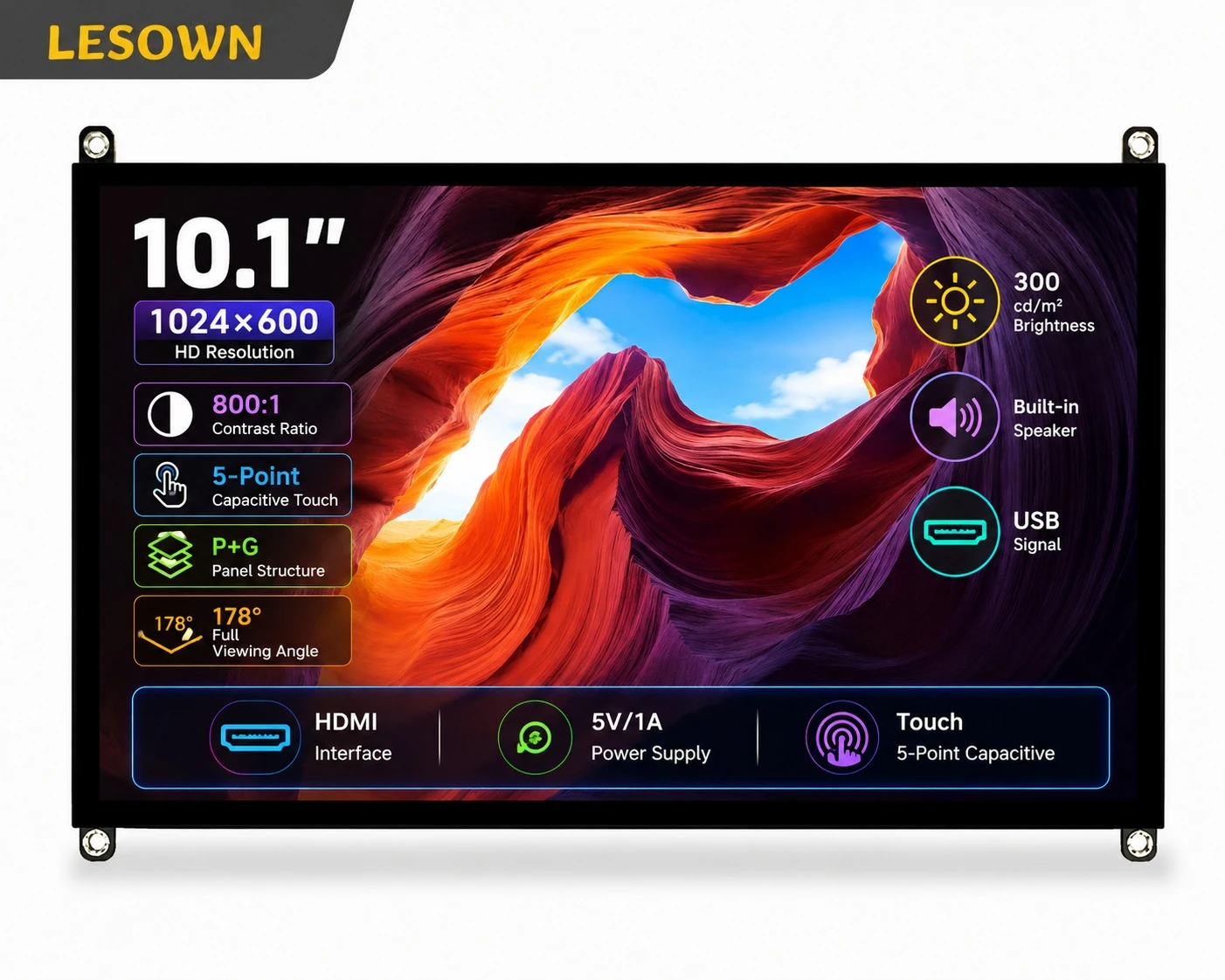 LESOWN 10.1in Pantalla Tctil Capacitiva 1024x600 HDTV Driver-Free Open Frame LCD Built-in Speaker for DIY Project