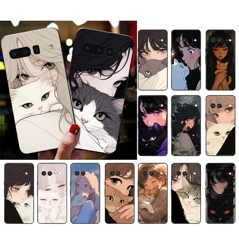 Anime Girl Woman Holding a Cat Phone Case For Google Pixel 9 Pro XL 8 7 6 Pro Pixel 8A 7A 6A 4A 3A 3XL Pixel 8 7 6 5 4