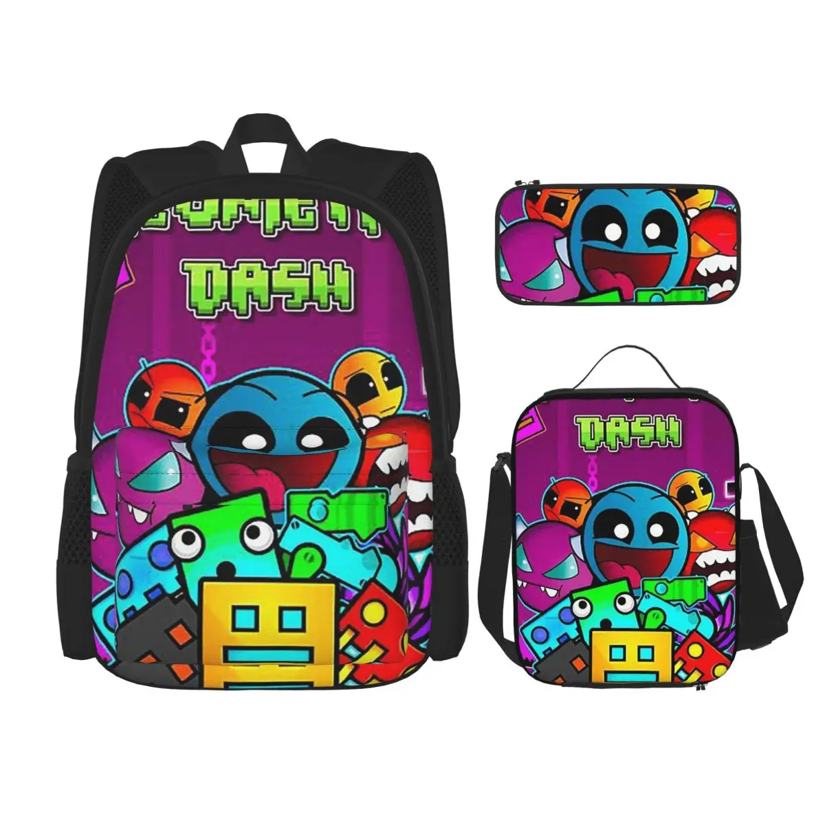 

Video Game Geometry Dash Backpacks Boys Girls Bookbag Children School Bags Kids Rucksack Lunch Bag Pen Bag Three-Piece Set
