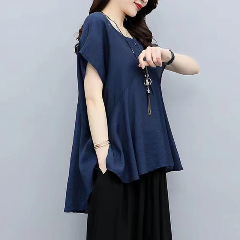 Women Clothing Ruffled Vintage Japanese Simple Casual Oversize Blouses Solid Short Sleeve Asymmetrical Shirts Female Street Tops