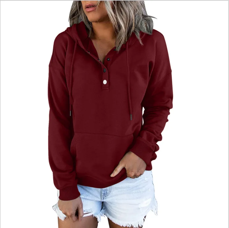 Fashion Trend Long Sleeve Loose Casual V-collar Button Hooded Drawstring Pocket Hoodie