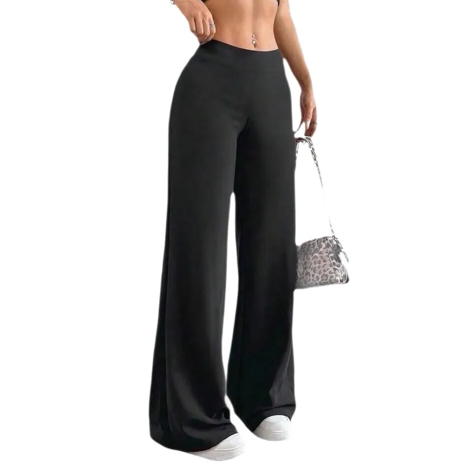Women High Waist Flared Pants Solid Black Wide Leg Trousers Casual Knit Flare Pants Smooth Fabric Full Length