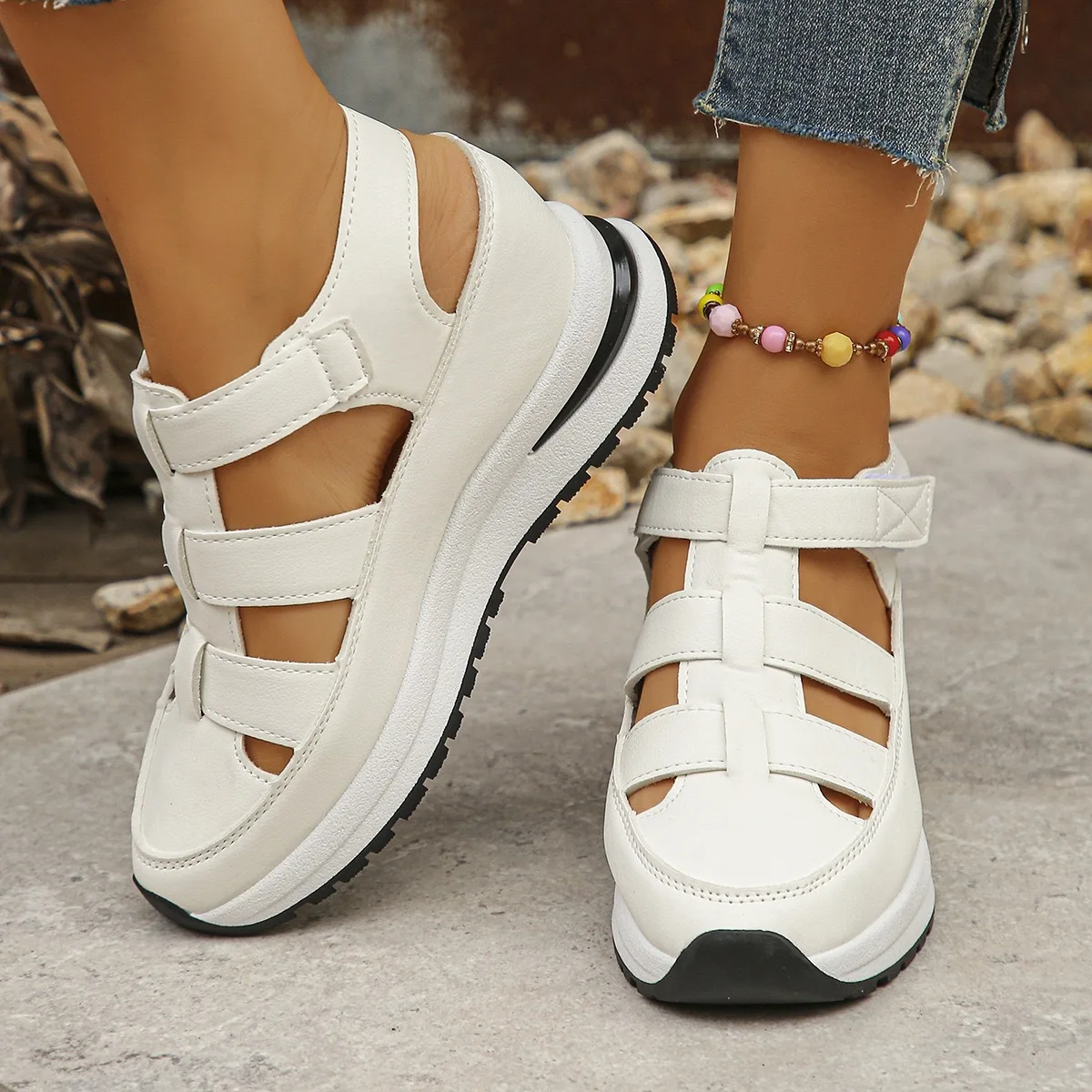 Summer New Women Roman Sandals European Style Hook And Loop Slide Shoes Plus Size 44